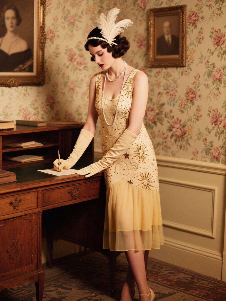 [Pre-Sale] Champagne 1920s Firework Star Sequins Mesh Pearl Dress