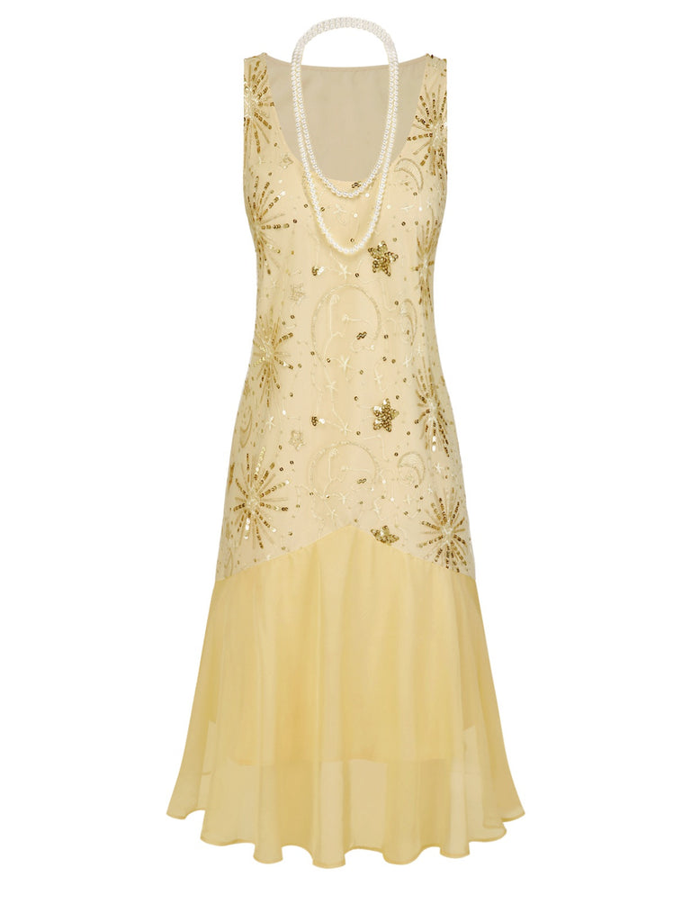 [Pre-Sale] Champagne 1920s Firework Star Sequins Mesh Pearl Dress