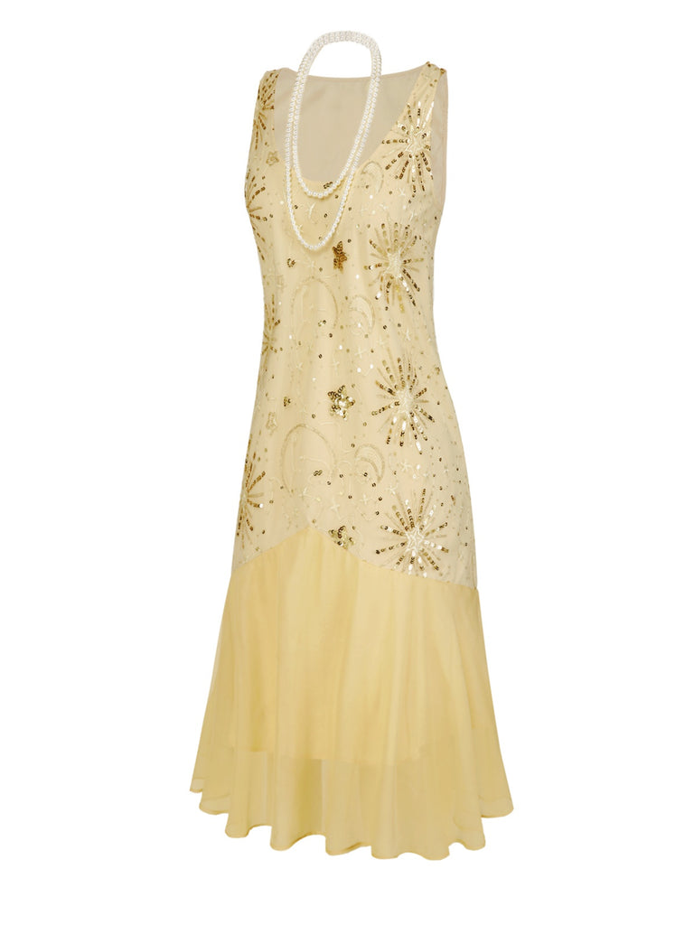 [Pre-Sale] Champagne 1920s Firework Star Sequins Mesh Pearl Dress