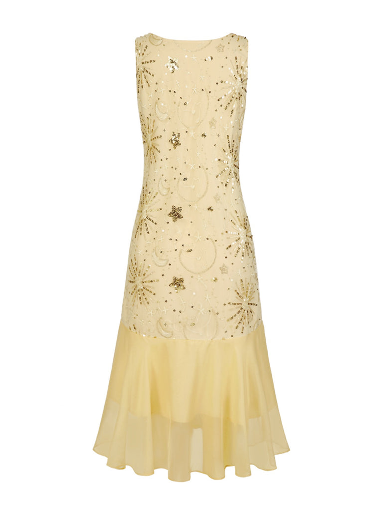 [Pre-Sale] Champagne 1920s Firework Star Sequins Mesh Pearl Dress