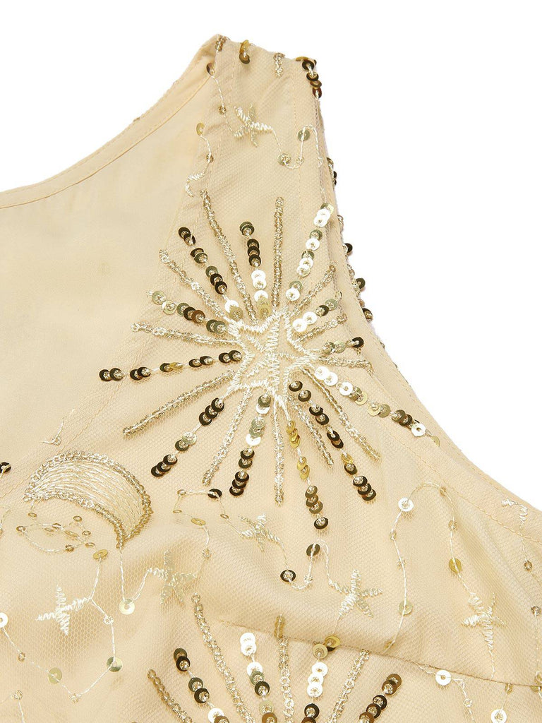 [Pre-Sale] Champagne 1920s Firework Star Sequins Mesh Pearl Dress