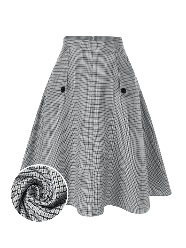 1950s High-Waist Plaids Button Pocket Skirt