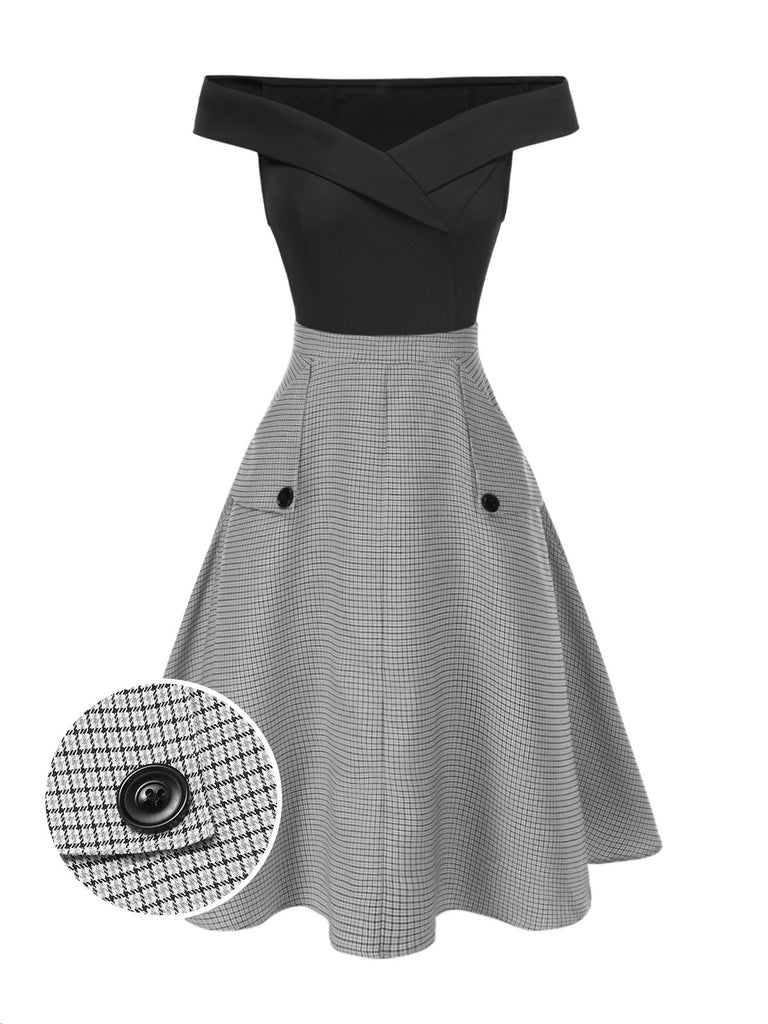 2PCS 1950s Off-Shoulder Top & Pocket Plaids Skirt