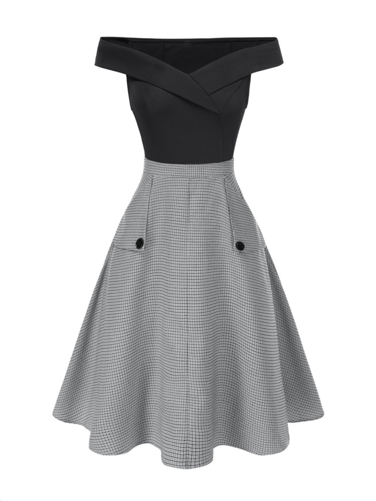 2PCS 1950s Off-Shoulder Top & Pocket Plaids Skirt