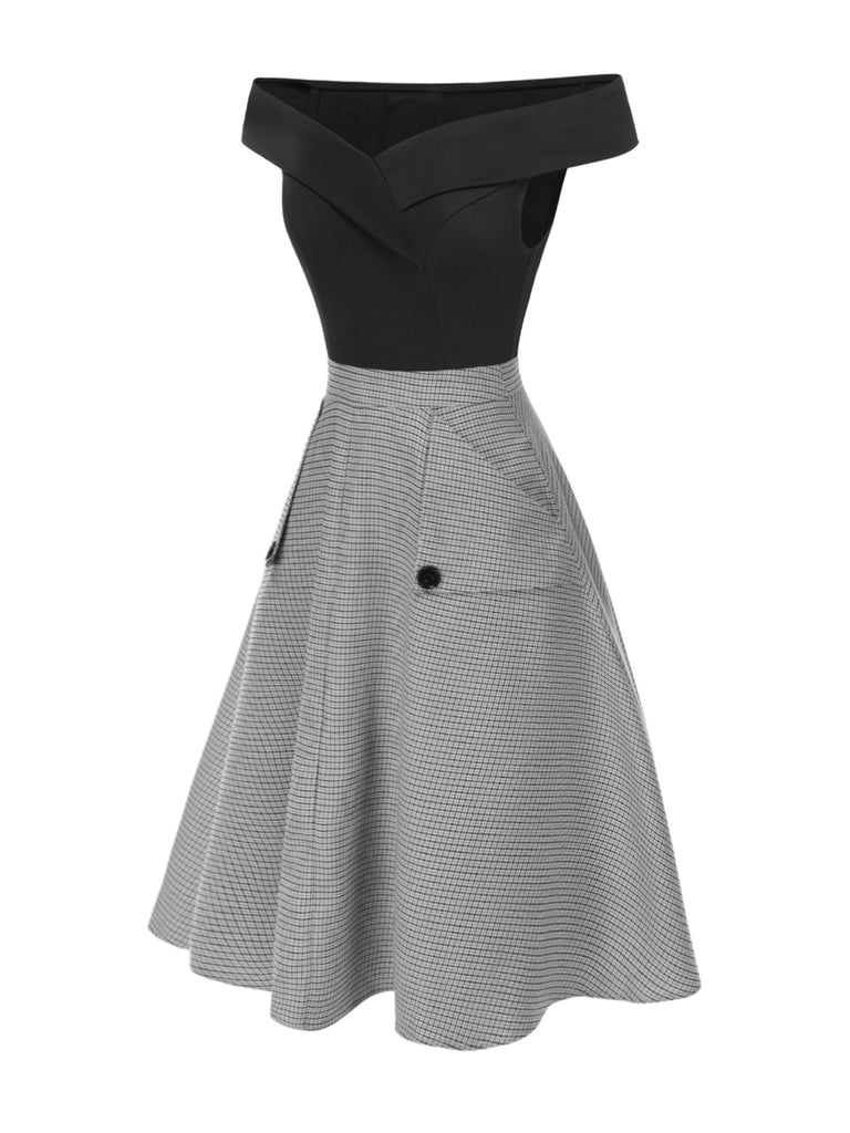 2PCS 1950s Off-Shoulder Top & Pocket Plaids Skirt