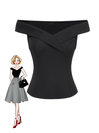 Black 1950s Off-Shoulder Solid Top