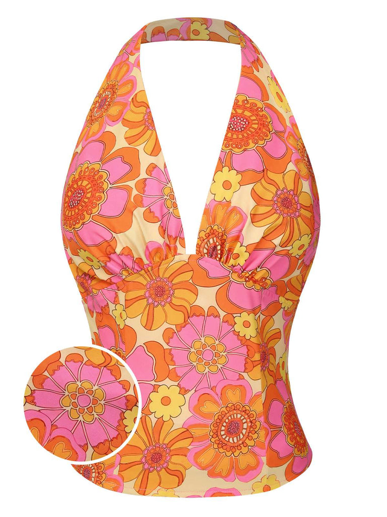 Orange 1960s Hippie Floral Halter Top