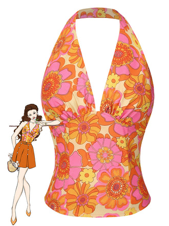 Orange 1960s Hippie Floral Halter Top