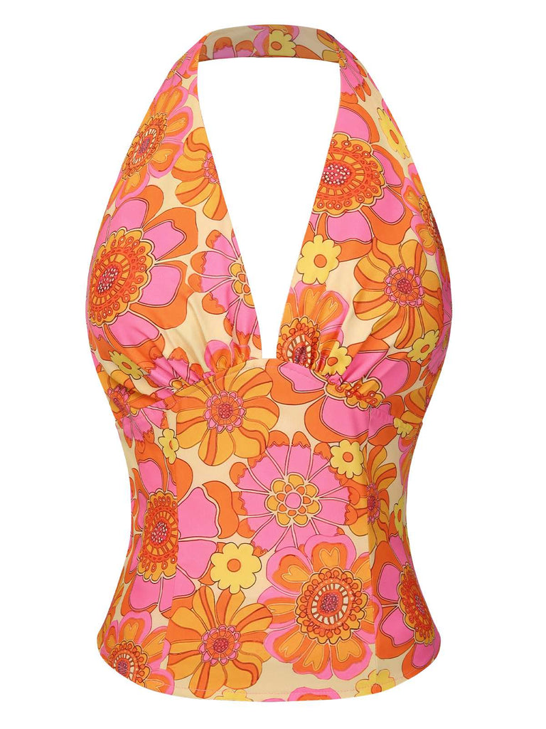 Orange 1960s Hippie Floral Halter Top
