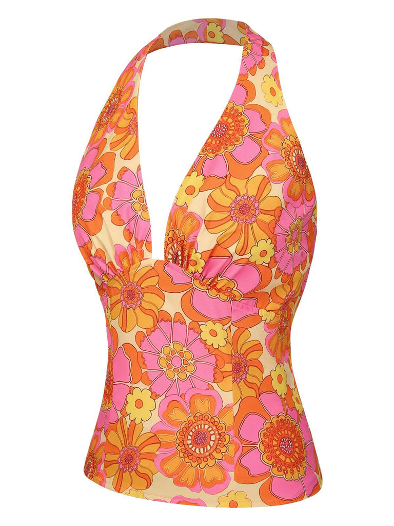 Orange 1960s Hippie Floral Halter Top