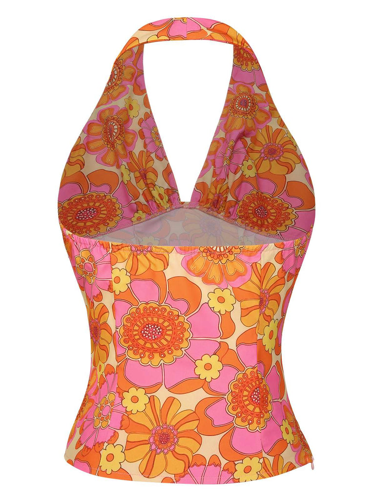 Orange 1960s Hippie Floral Halter Top