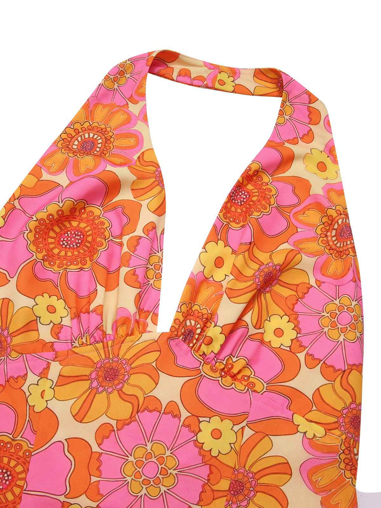 Orange 1960s Hippie Floral Halter Top