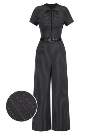 Dark Gray 1950s Striped Office Style Belted Jumpsuit