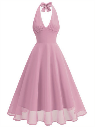 1950s Halter V-Neck Mesh Backless Dress