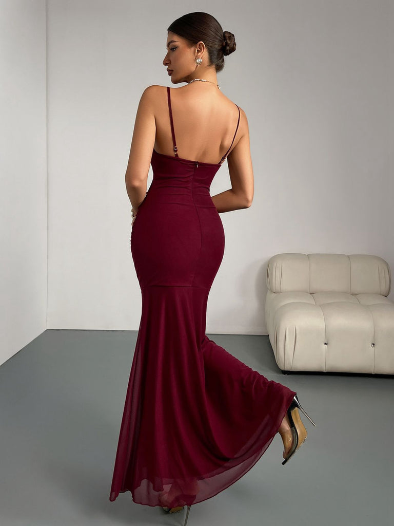 Wine Red 1930s 3D Floral Ruched Fishtail Dress