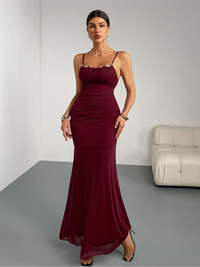 Wine Red 1930s 3D Floral Ruched Fishtail Dress
