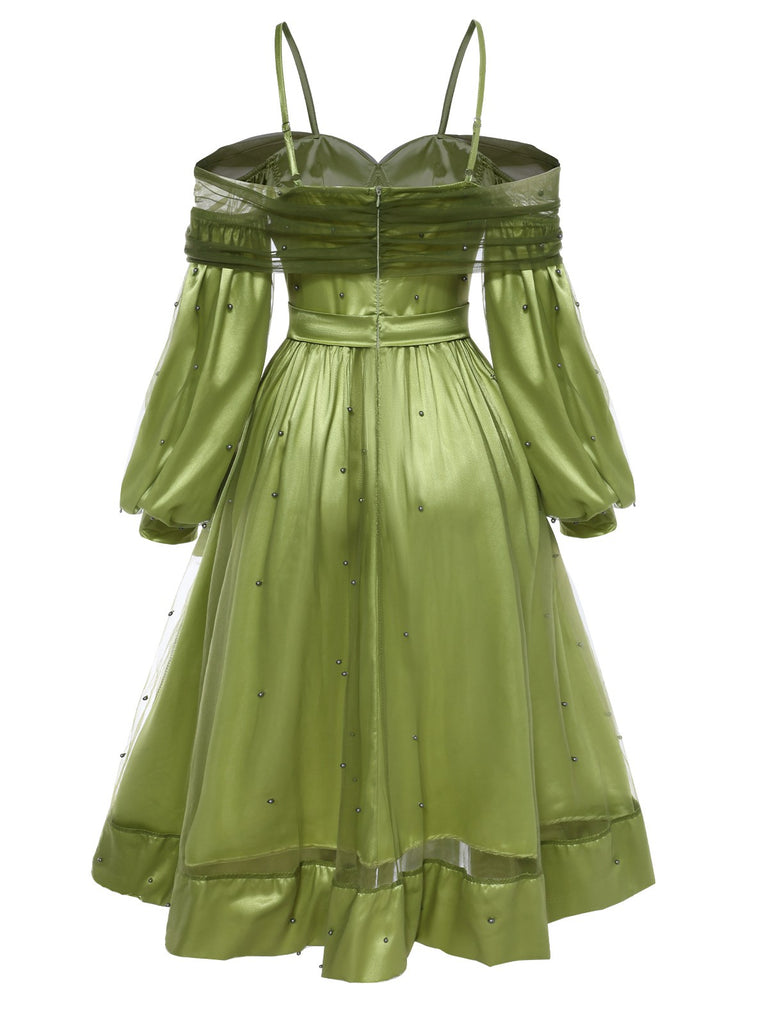 Chartreuse 1950s Pearl Mesh Patchwork Satin Dress