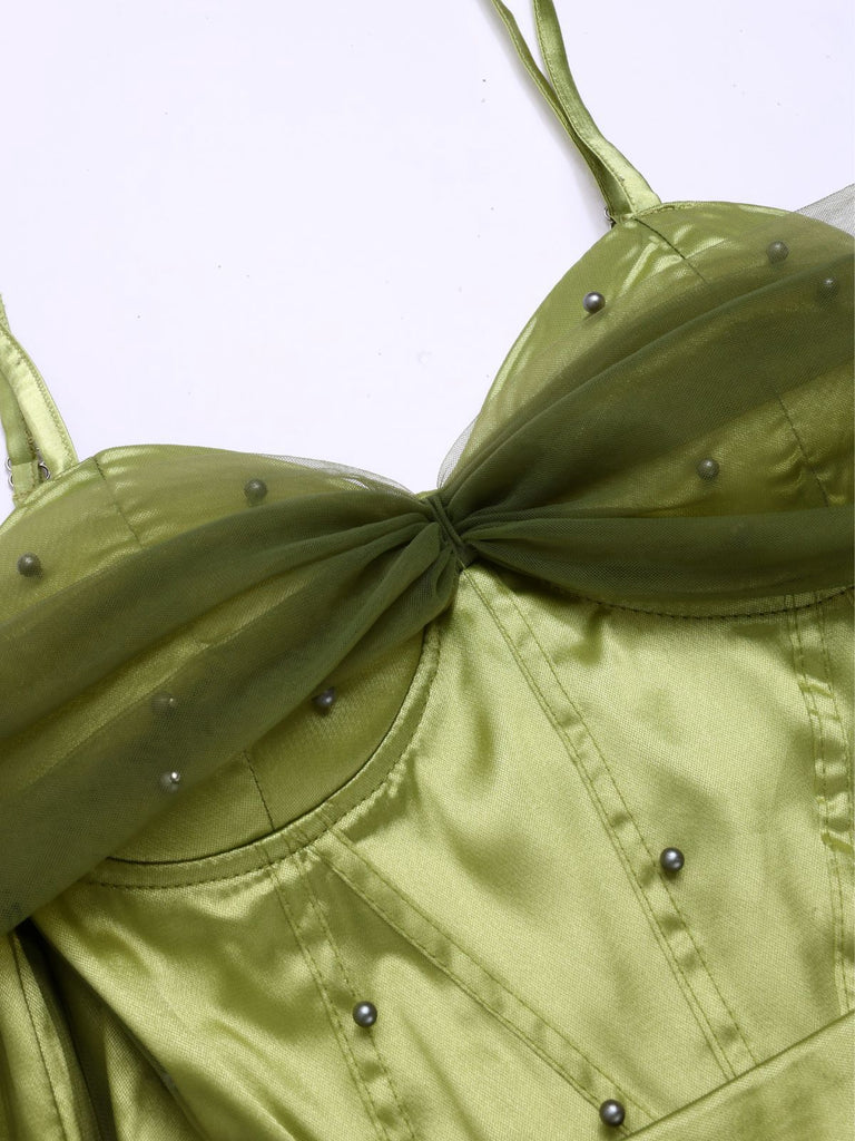 Chartreuse 1950s Pearl Mesh Patchwork Satin Dress