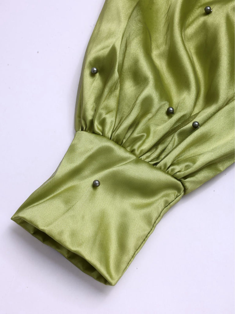 Chartreuse 1950s Pearl Mesh Patchwork Satin Dress