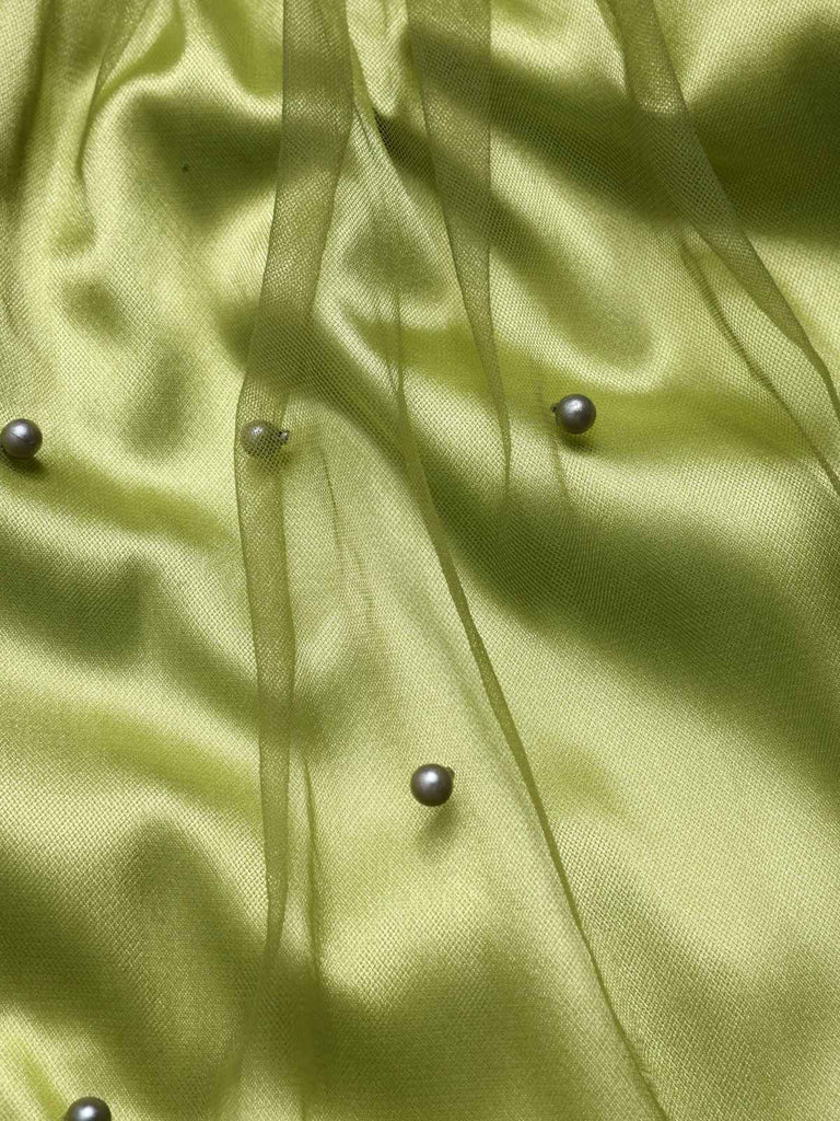 Chartreuse 1950s Pearl Mesh Patchwork Satin Dress