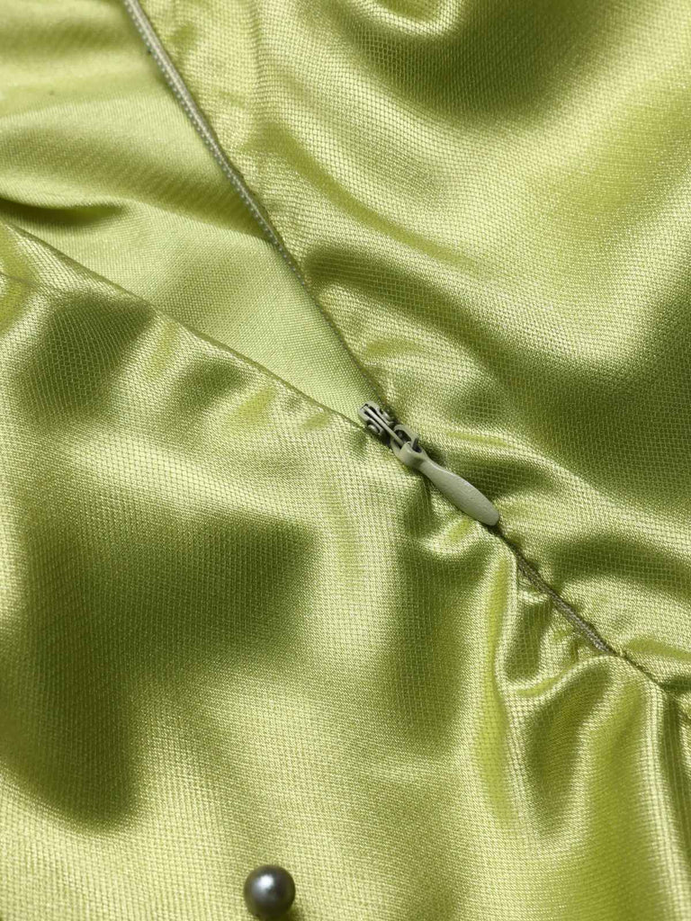 Chartreuse 1950s Pearl Mesh Patchwork Satin Dress
