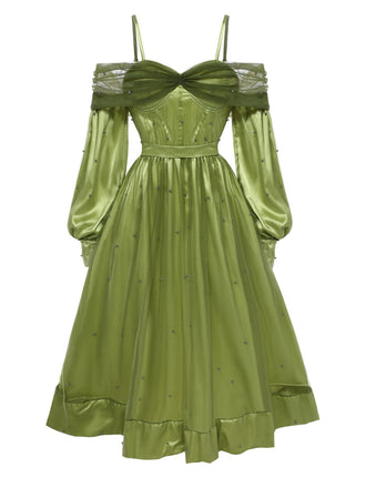 Chartreuse 1950s Pearl Mesh Patchwork Satin Dress