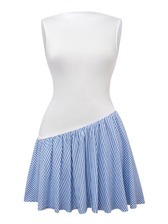 Blue 1950s Striped Patchwork Pleated Dress