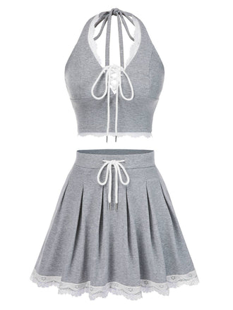 2PCS Light Gray 1950s Lace Halter Top & Pleated Skirt