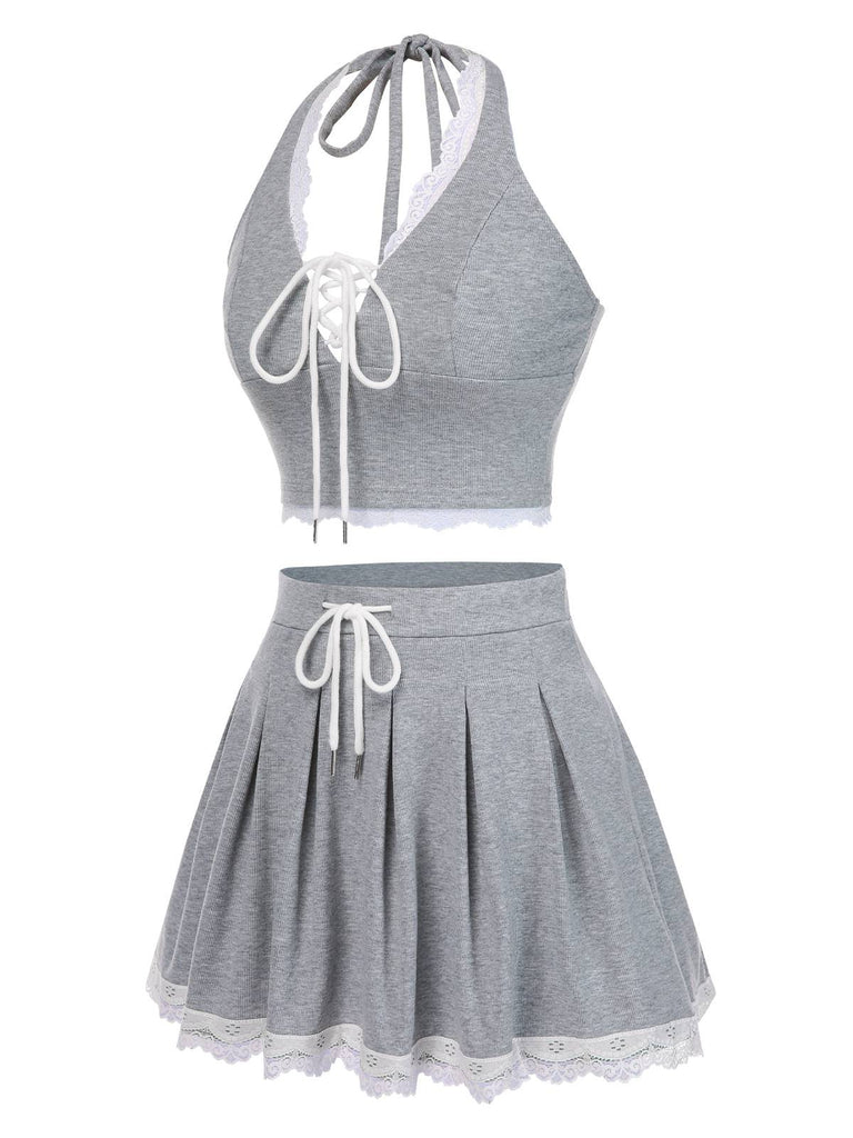2PCS Light Gray 1950s Lace Halter Top & Pleated Skirt