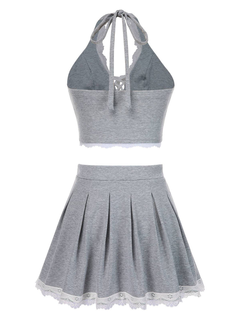 2PCS Light Gray 1950s Lace Halter Top & Pleated Skirt