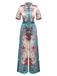Green 1930s Symmetrical Floral Shirt Collar Jumpsuit
