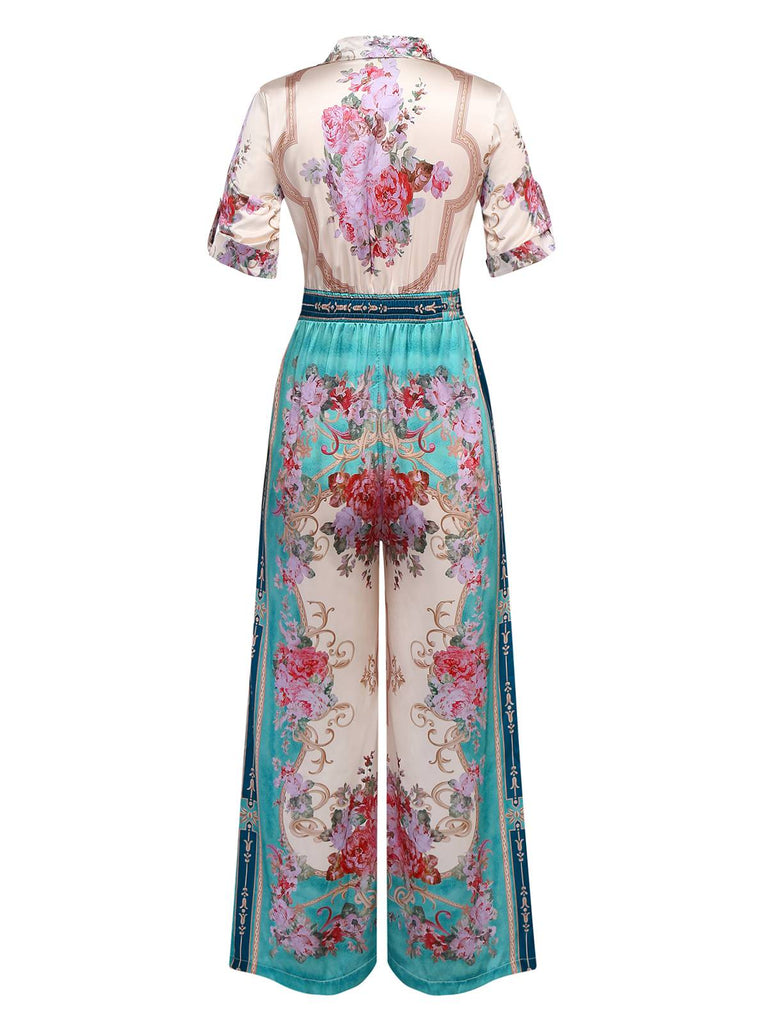 Green 1930s Symmetrical Floral Shirt Collar Jumpsuit