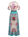 Green 1930s Symmetrical Floral Shirt Collar Jumpsuit