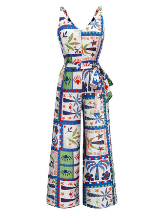 Blue 1930s Beach Print Sleeveless Jumpsuit