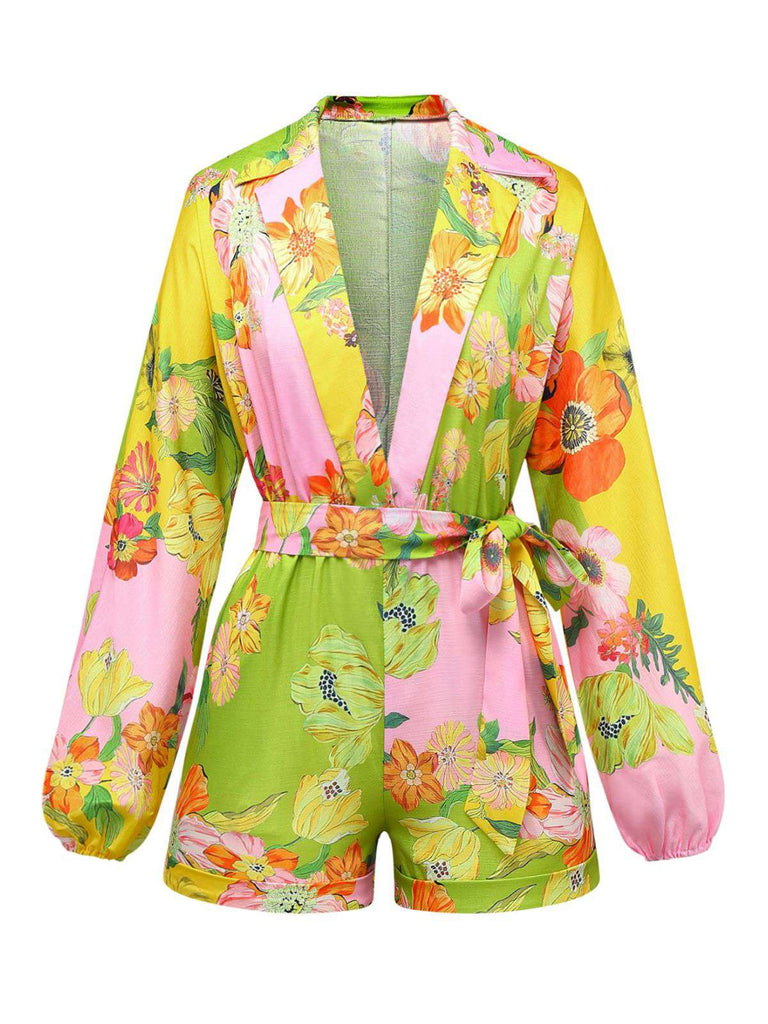 Yellow 1960s Floral Deep V-Neck Long Sleeves Romper