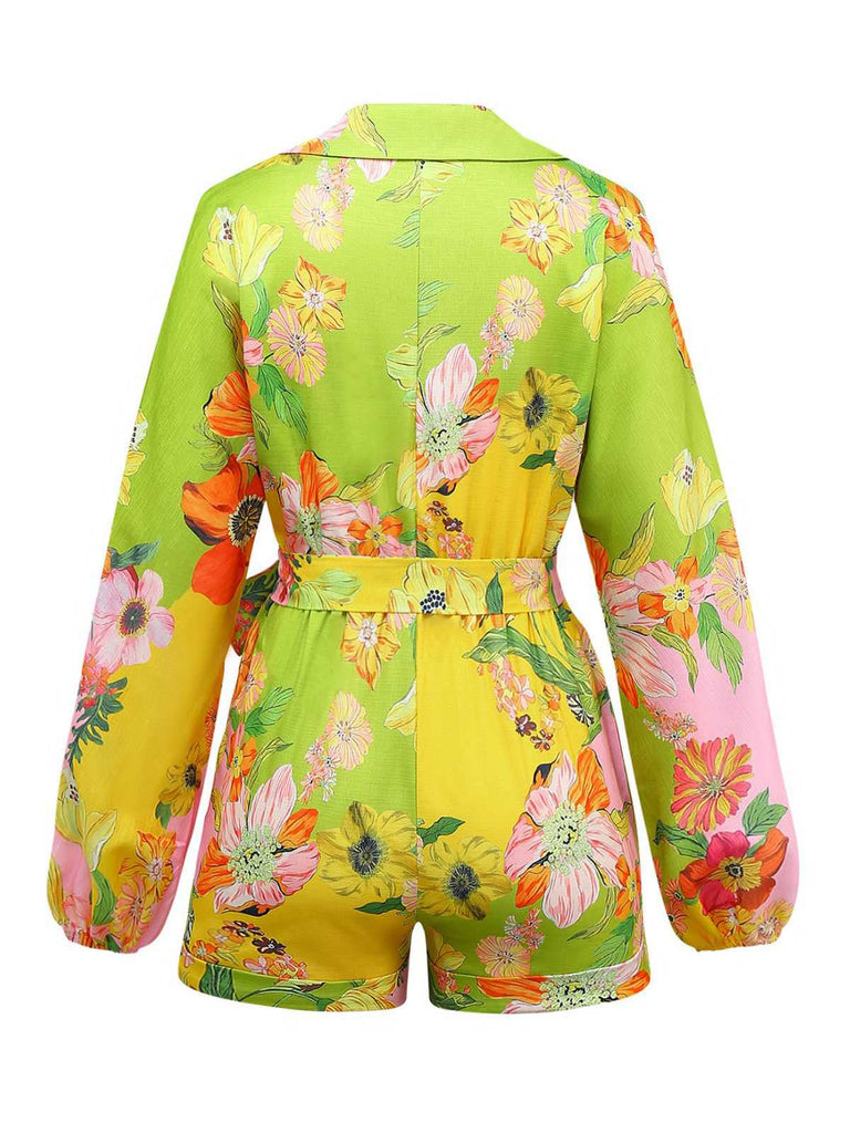 Yellow 1960s Floral Deep V-Neck Long Sleeves Romper
