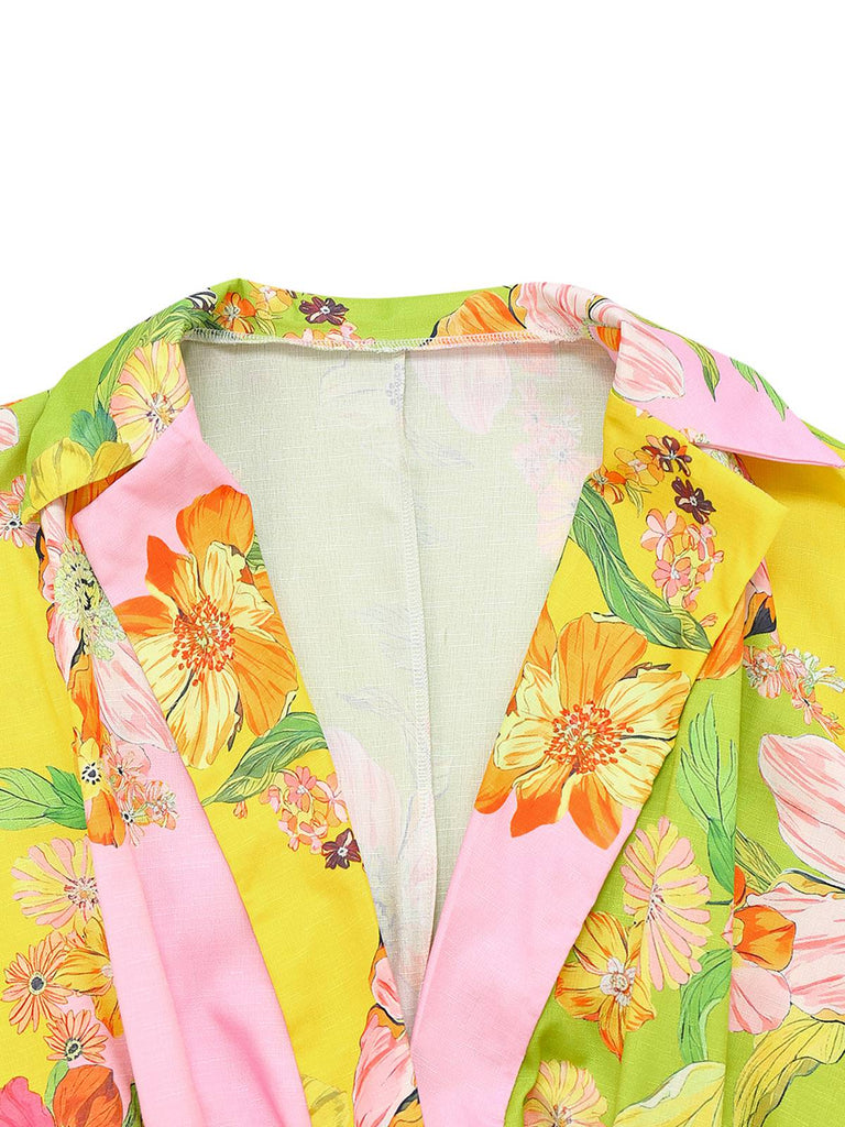 Yellow 1960s Floral Deep V-Neck Long Sleeves Romper