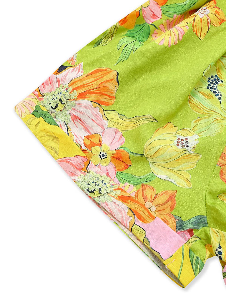 Yellow 1960s Floral Deep V-Neck Long Sleeves Romper