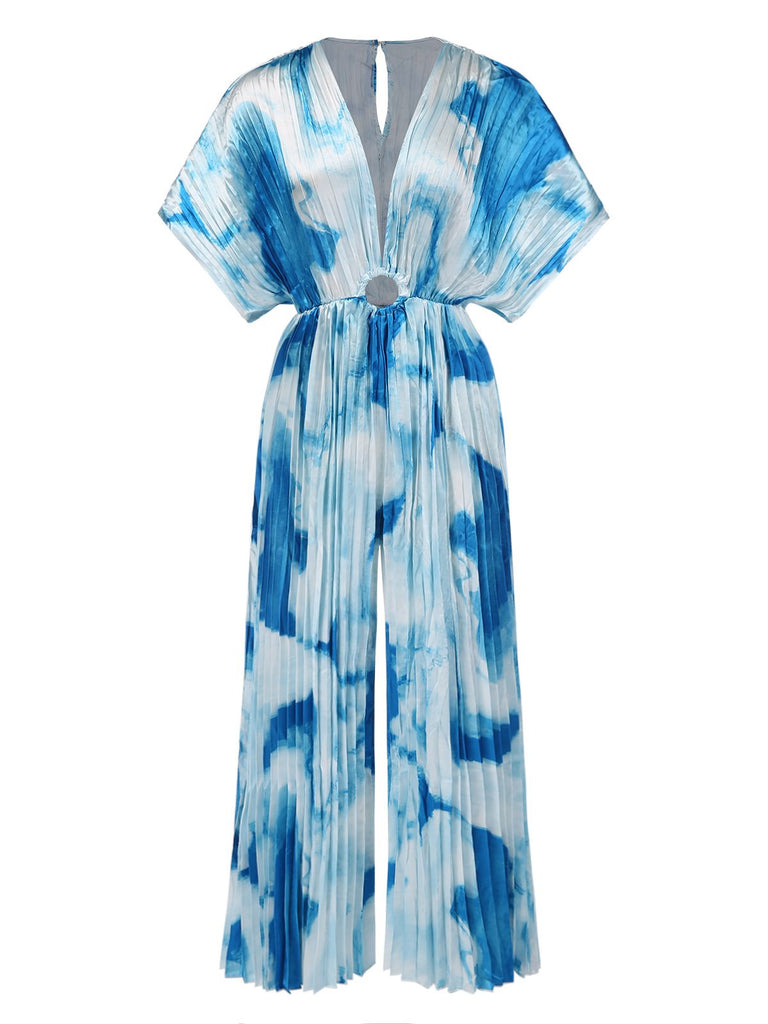 1930s Tie-Dye V-Neck Pleated Ring Jumpsuit
