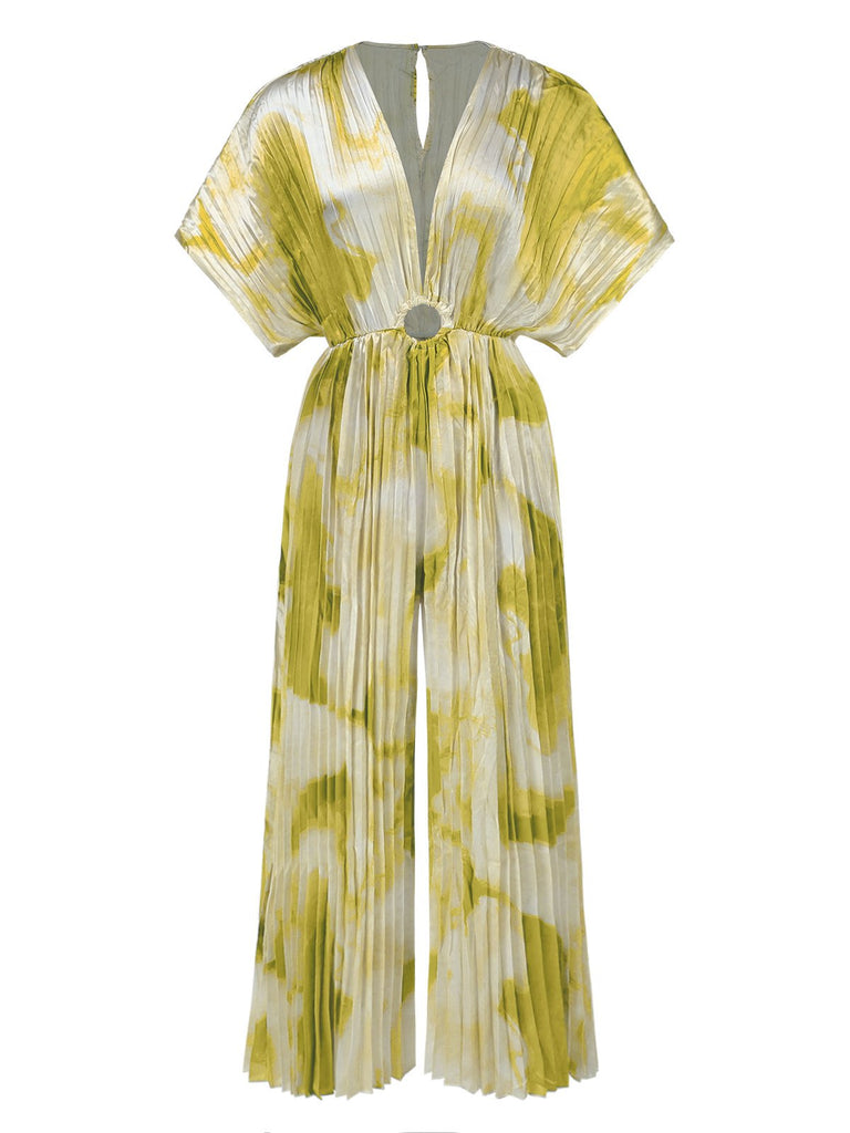 1930s Tie-Dye V-Neck Pleated Ring Jumpsuit