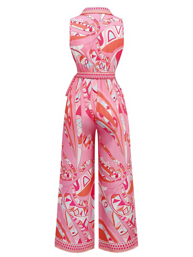 Pink 1930s Lapel Belted Boho Jumpsuit