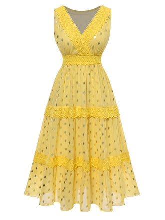 Yellow 1950s Lace Patchwork Polka Dots Dress