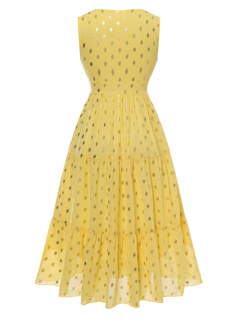 Yellow 1950s Lace Patchwork Polka Dots Dress