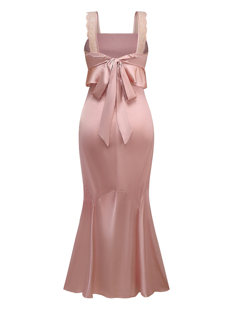 Pink 1930s Strap Lace Ruffles Satin Mermaid Dress