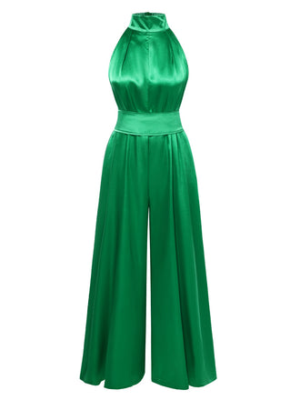 Green 1930s Satin Stand Collar Wideleg Jumpsuit