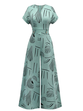 1970s V-Neck Abstract Line Wide-Leg Jumpsuit