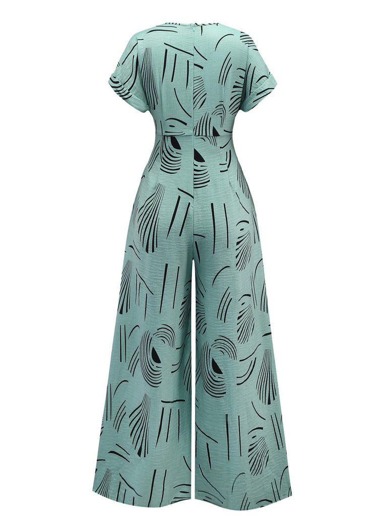 1970s V-Neck Abstract Line Wide-Leg Jumpsuit