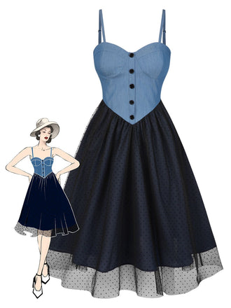 Blue 1950s Denim Polka Dot Mesh Patchwork Dress