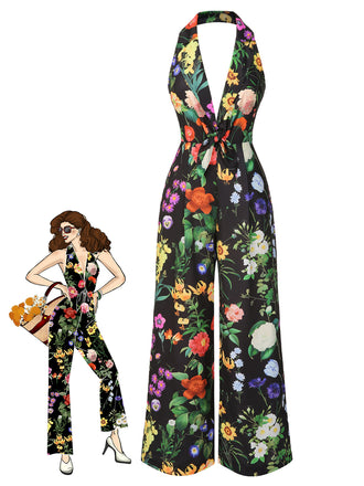 Black 1930s Floral V-Neck Halter Jumpsuit