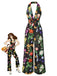 Black 1930s Floral V-Neck Halter Jumpsuit